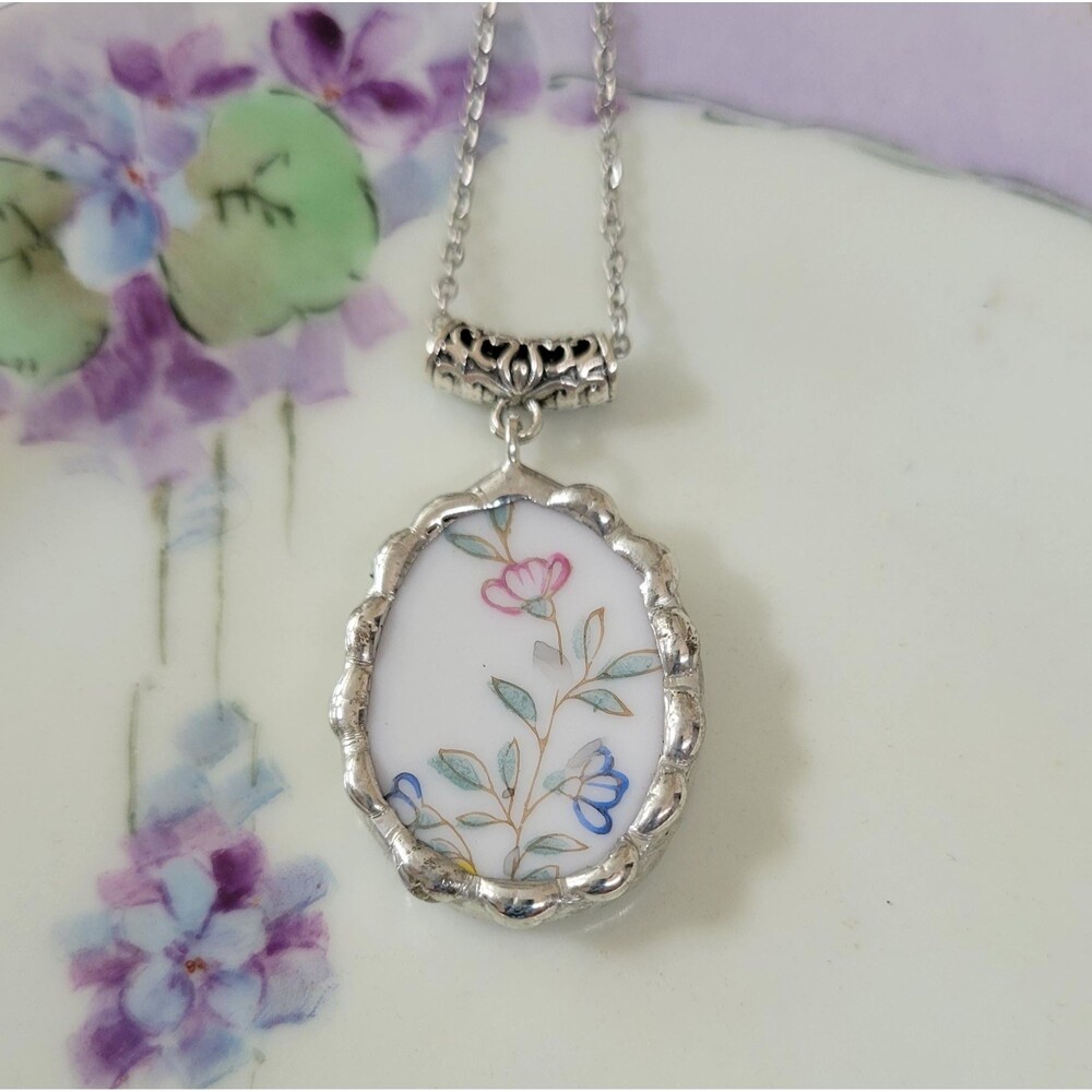 Floral Broken China Necklace, Oval Cottagecore Porcelain Pendant